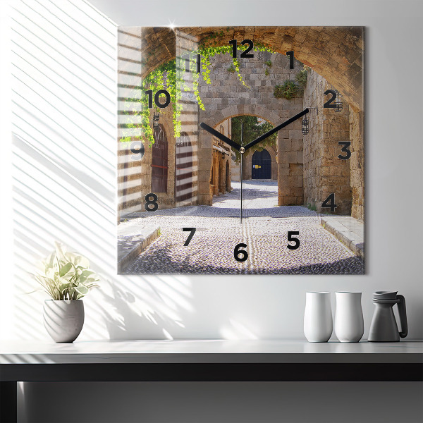 Square glass wall clock Picturesque street of Rhodes