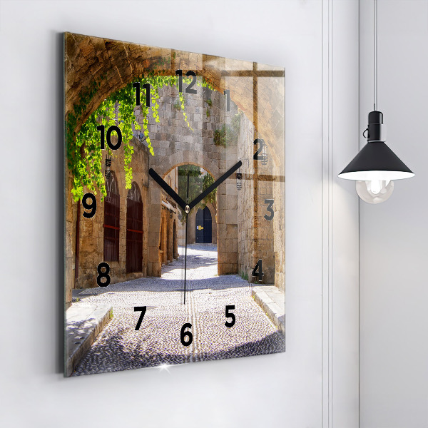 Square glass wall clock Picturesque street of Rhodes