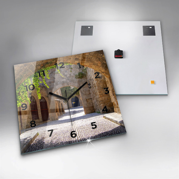 Square glass wall clock Picturesque street of Rhodes