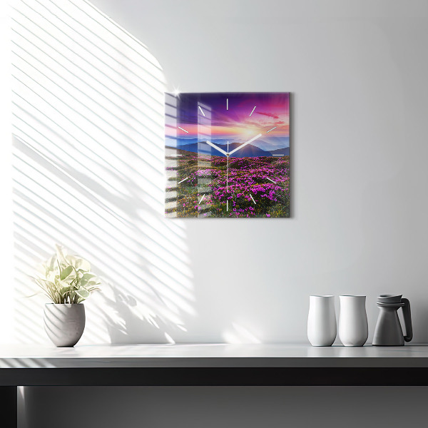 Square glass wall clock Sunrise and flowers