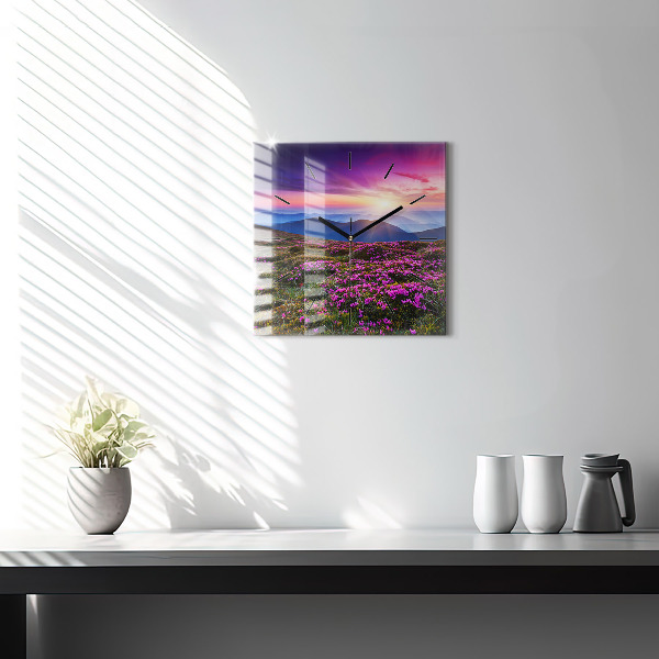 Square glass wall clock Sunrise and flowers