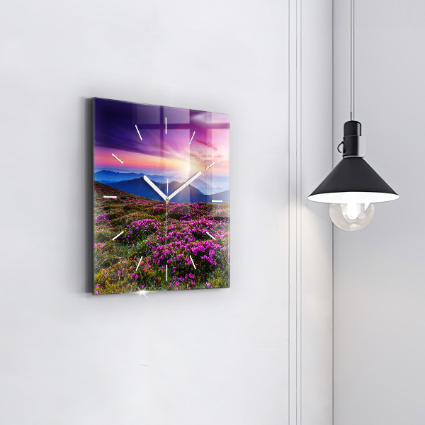 Square glass wall clock Sunrise and flowers