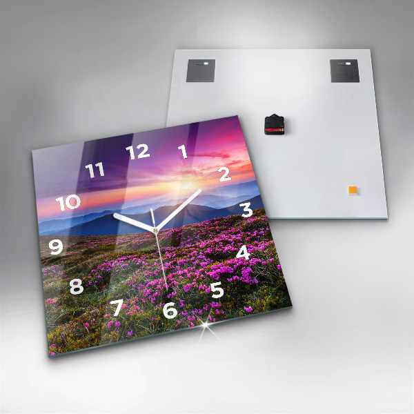 Square glass wall clock Sunrise and flowers