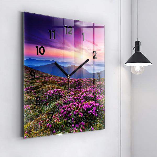 Square glass wall clock Sunrise and flowers