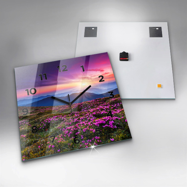 Square glass wall clock Sunrise and flowers