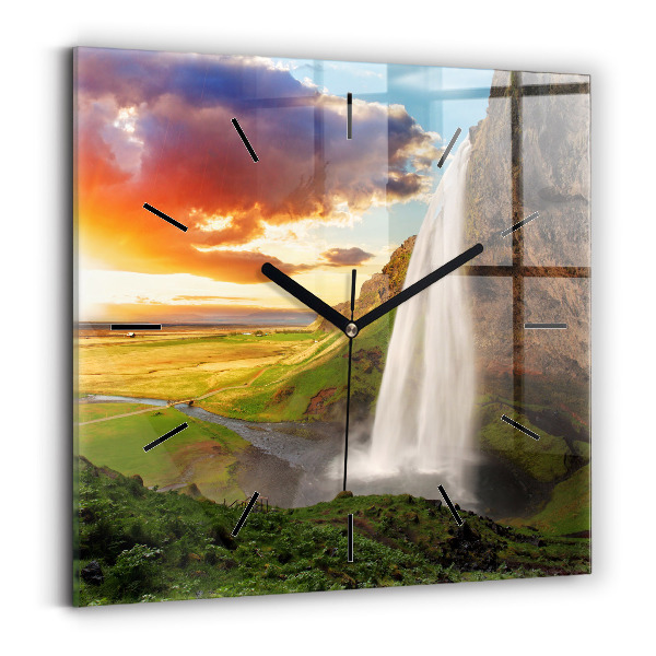 Square glass wall clock Waterfall in Iceland