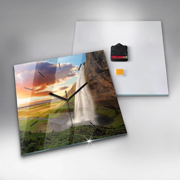 Square glass wall clock Waterfall in Iceland