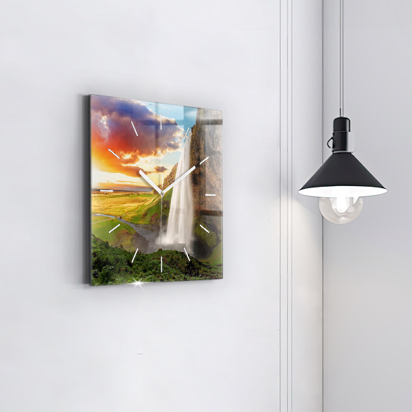 Square glass wall clock Waterfall in Iceland