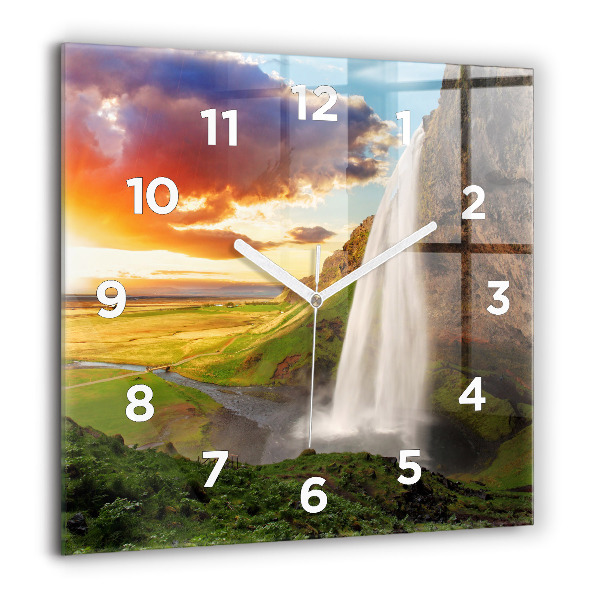 Square glass wall clock Waterfall in Iceland