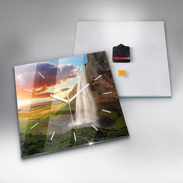 Square glass wall clock Waterfall in Iceland