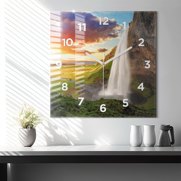 Square glass wall clock Waterfall in Iceland