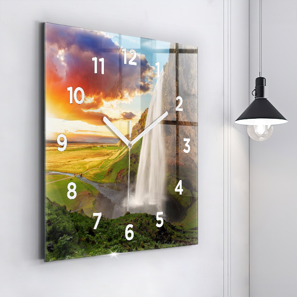 Square glass wall clock Waterfall in Iceland
