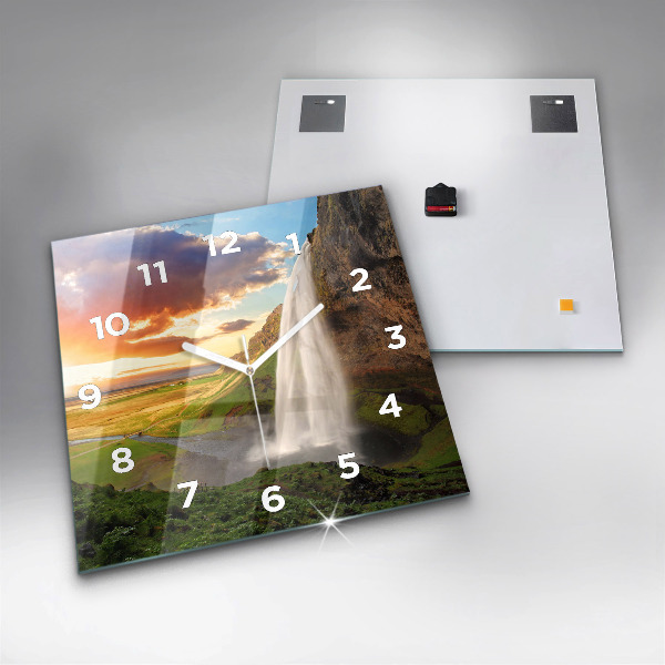 Square glass wall clock Waterfall in Iceland