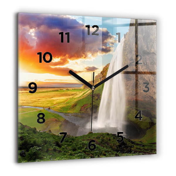 Square glass wall clock Waterfall in Iceland