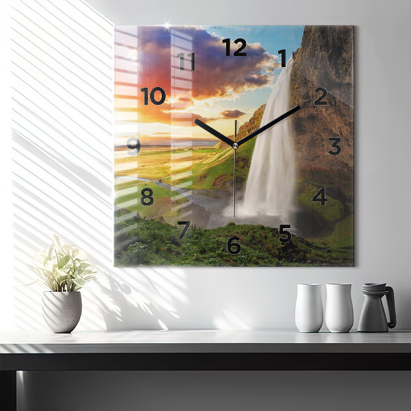 Square glass wall clock Waterfall in Iceland