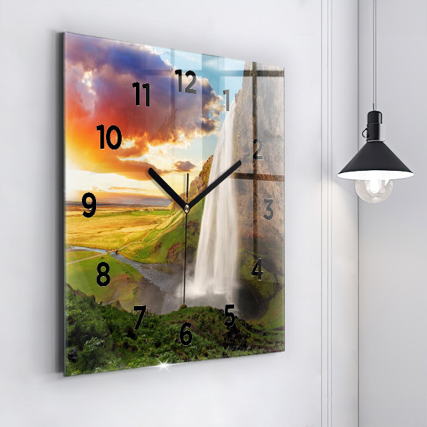 Square glass wall clock Waterfall in Iceland