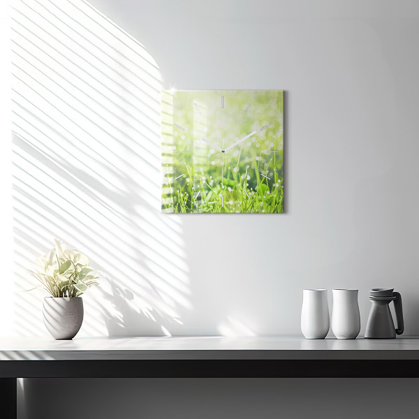 Square glass wall clock Green grass