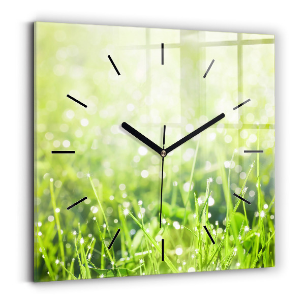 Square glass wall clock Green grass