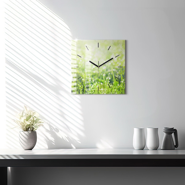 Square glass wall clock Green grass