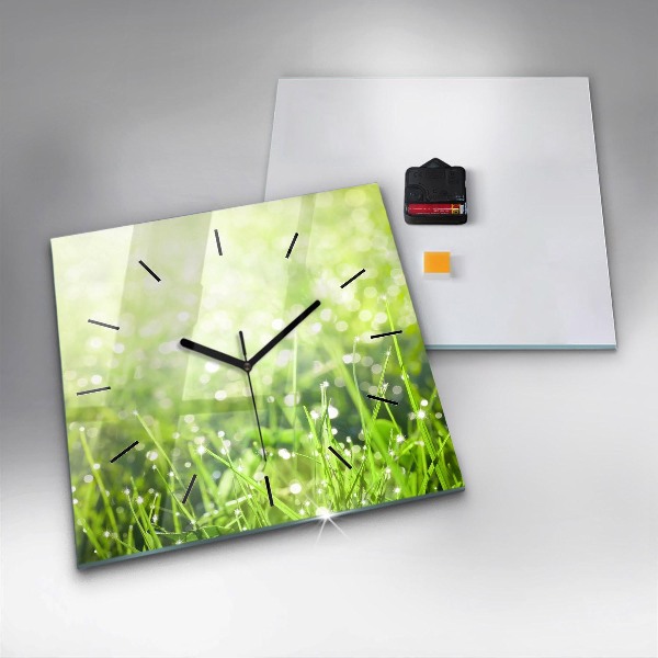 Square glass wall clock Green grass