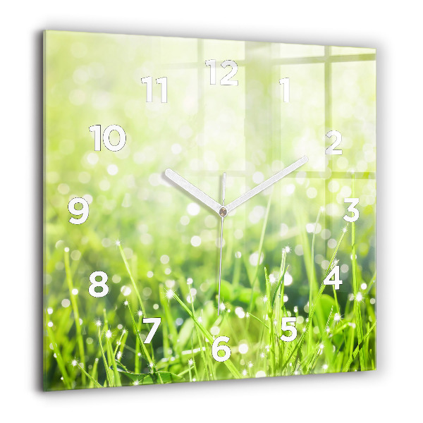 Square glass wall clock Green grass