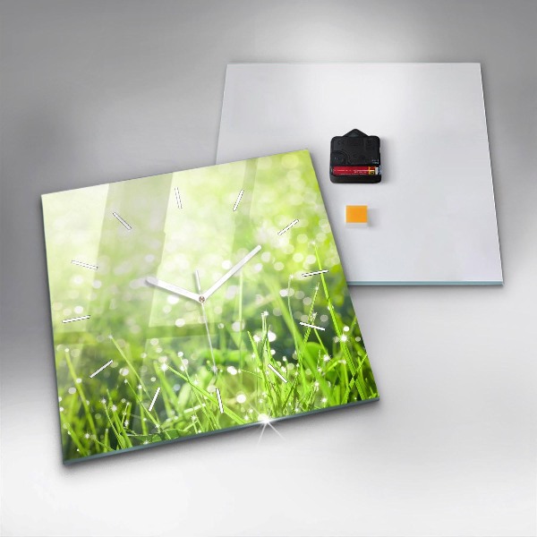 Square glass wall clock Green grass