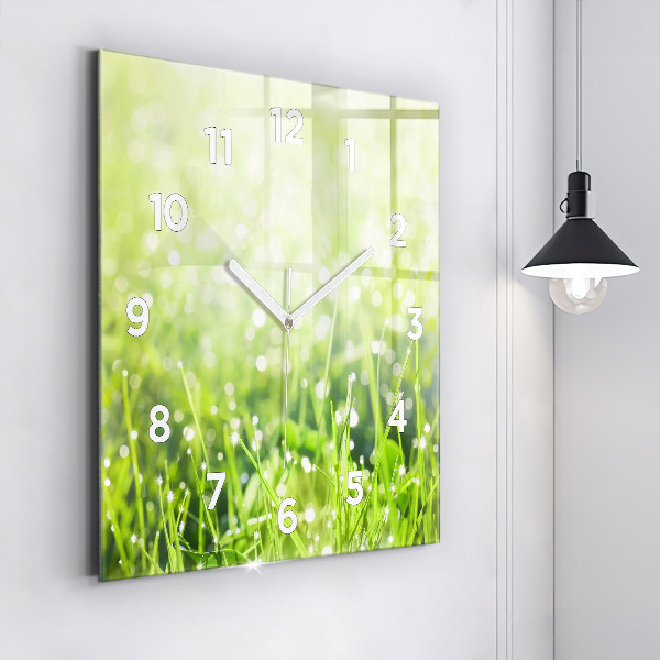 Square glass wall clock Green grass