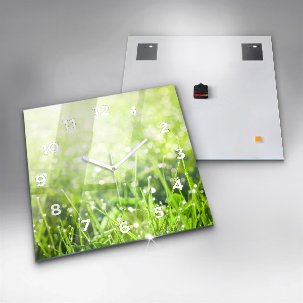 Square glass wall clock Green grass