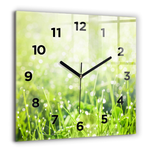 Square glass wall clock Green grass