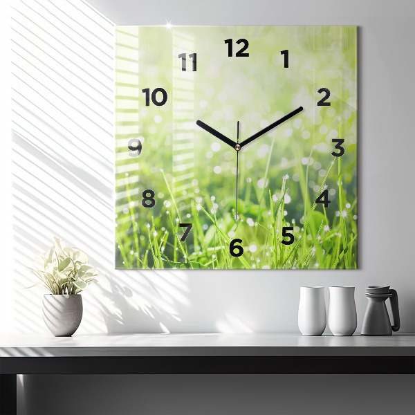 Square glass wall clock Green grass