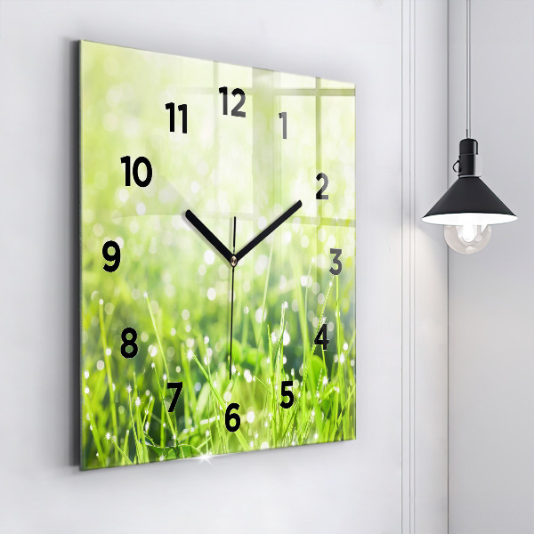Square glass wall clock Green grass