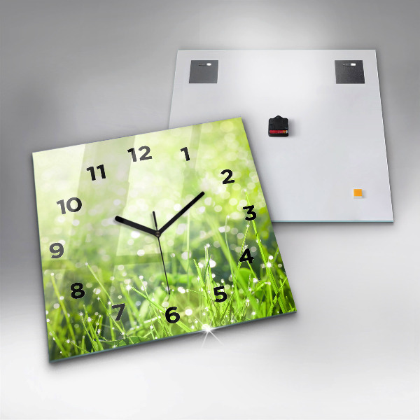 Square glass wall clock Green grass