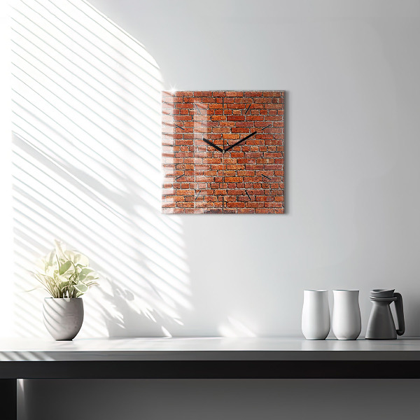 Square glass wall clock Old brick wall