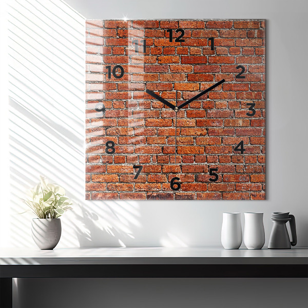 Square glass wall clock Old brick wall