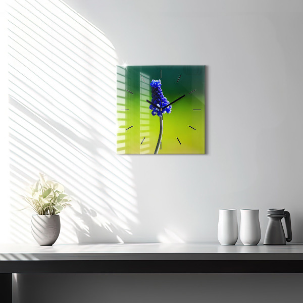 Square glass wall clock Blue flowers