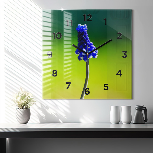 Square glass wall clock Blue flowers