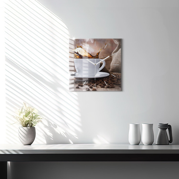 Square glass wall clock A cup of coffee
