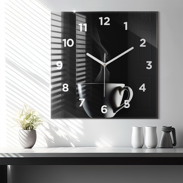 Square glass wall clock A cup of coffee