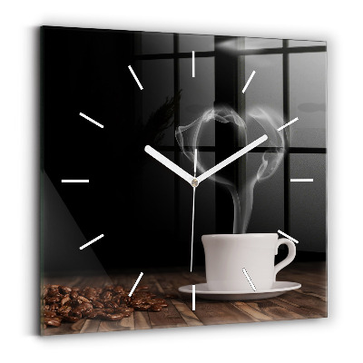 Square glass wall clock A cup of hot coffee