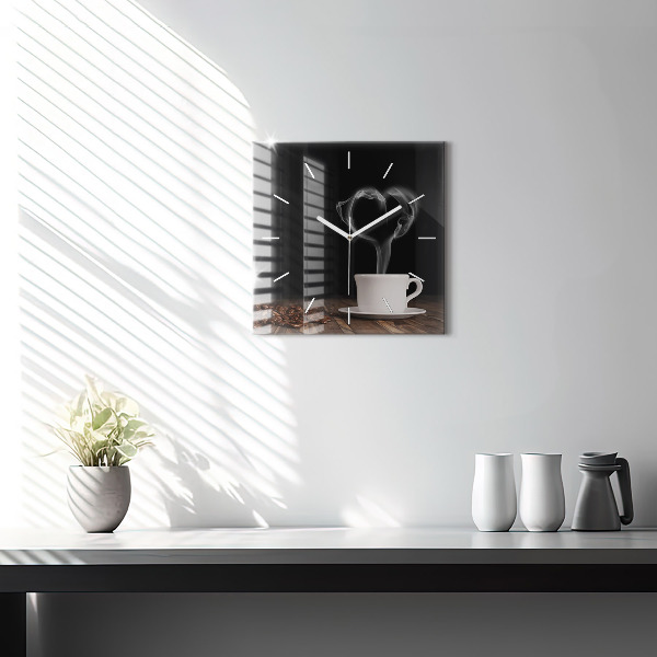 Square glass wall clock A cup of hot coffee