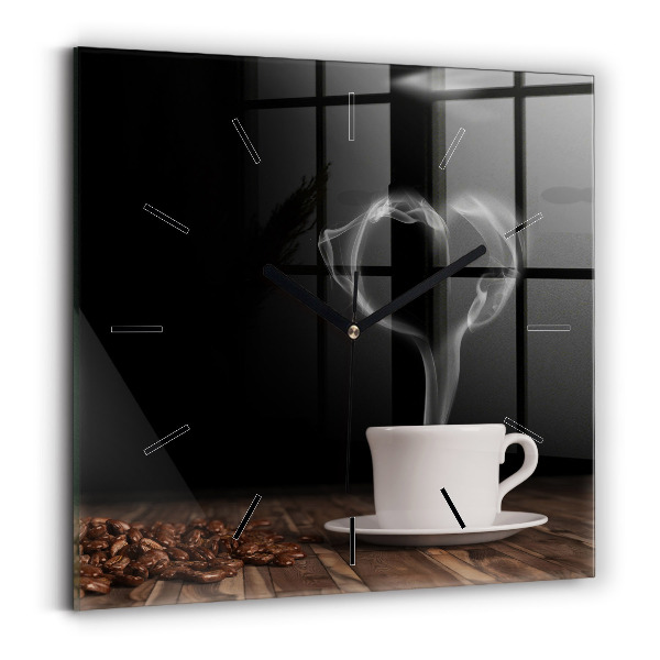 Square glass wall clock A cup of hot coffee