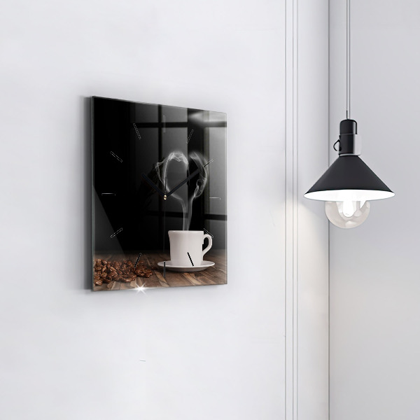 Square glass wall clock A cup of hot coffee