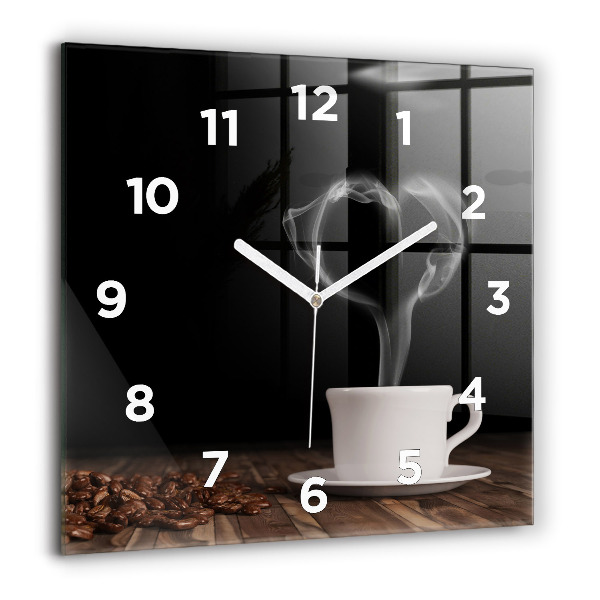 Square glass wall clock A cup of hot coffee