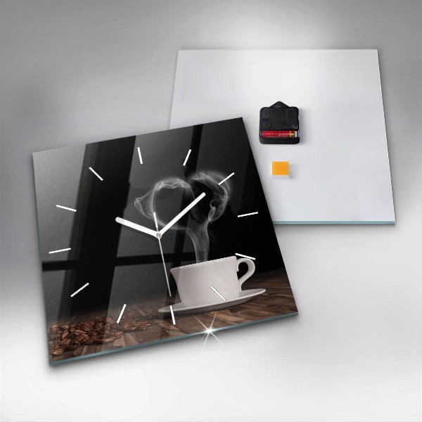 Square glass wall clock A cup of hot coffee