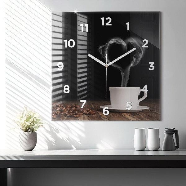 Square glass wall clock A cup of hot coffee