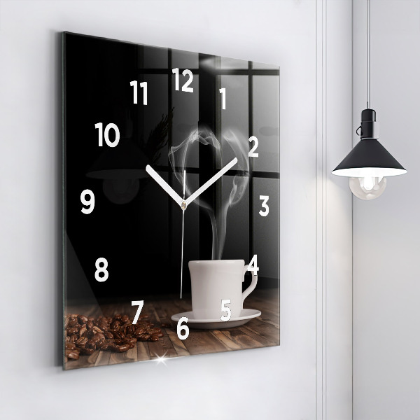 Square glass wall clock A cup of hot coffee
