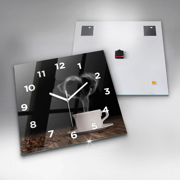 Square glass wall clock A cup of hot coffee