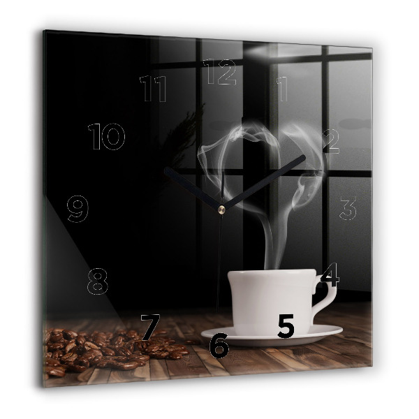 Square glass wall clock A cup of hot coffee