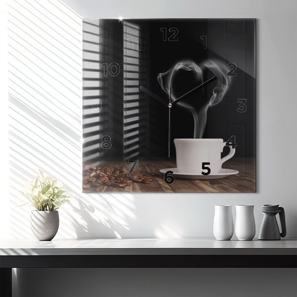 Square glass wall clock A cup of hot coffee