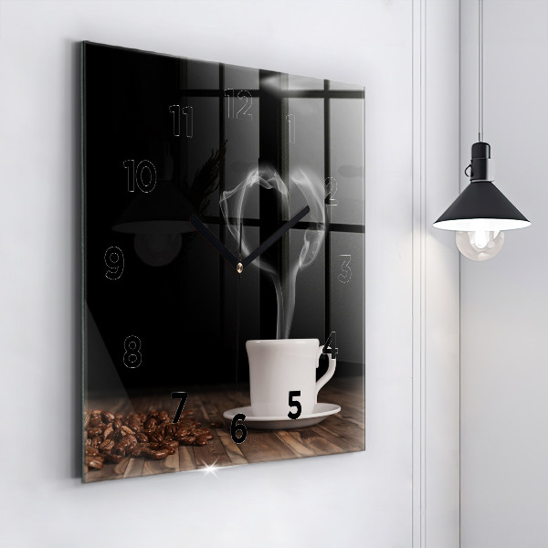 Square glass wall clock A cup of hot coffee